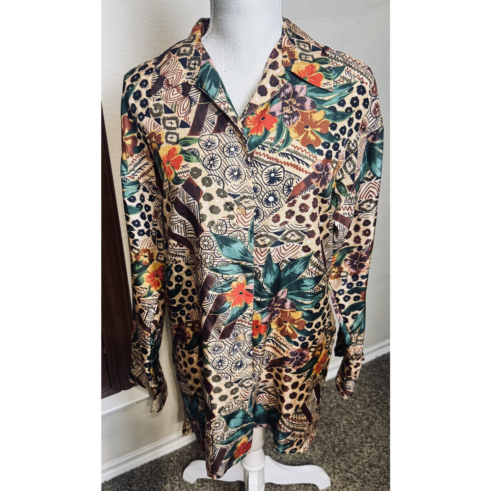 Vtg Stunt Collections‎ Silk Shirt Tribal Abstract Hawaiian Button Up sz M